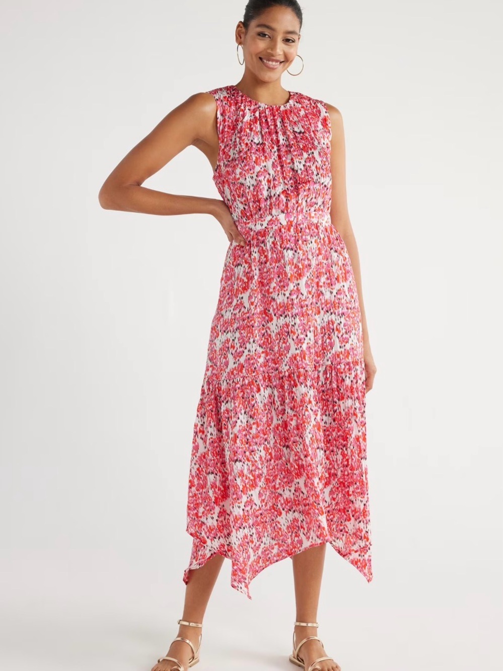 Sleeveless Pink Floral High-Low Dress with Handkerchief Hem